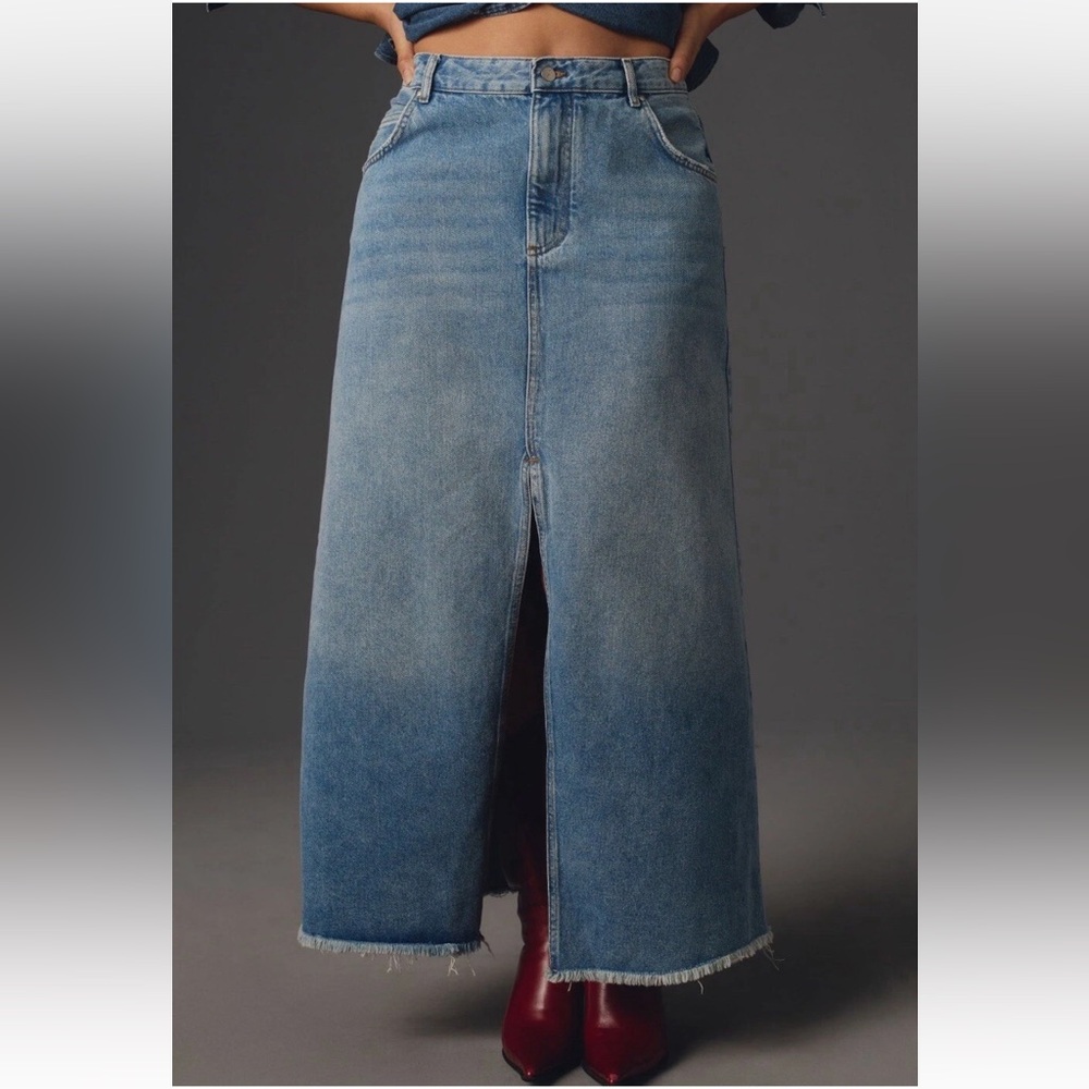 Anthropologie Pilcro Madi‎ Front Slit Denim Maxi Skirt Summer Wash Size 10